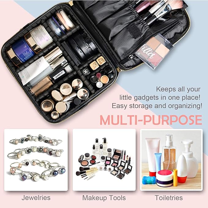 Travel Makeup Case, PU Leather Portable Organizer Makeup Train Case Makeup Bag Cosmetic Case with Adjustable Dividers for Cosmetics Makeup Brushes Women (Pink)