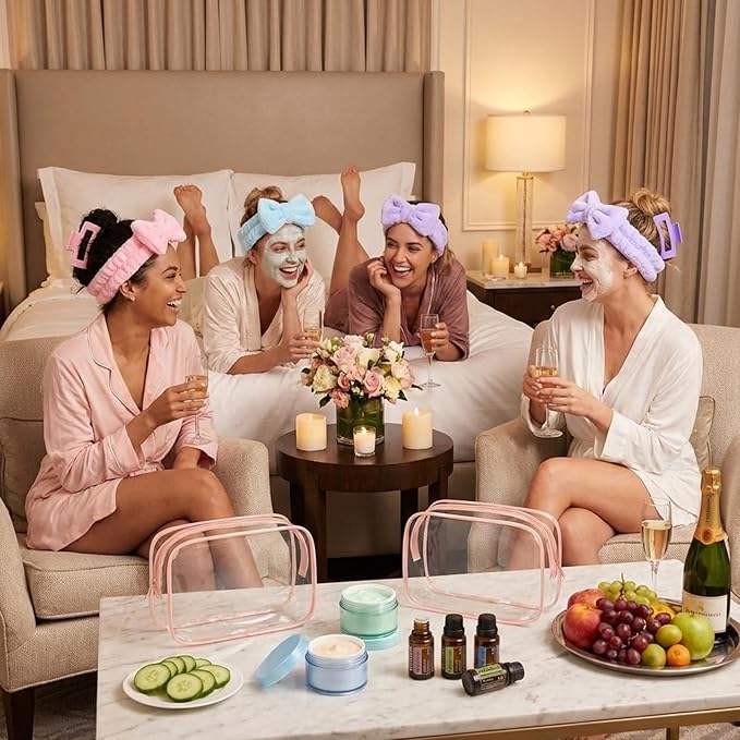 Hoteam 24 Pcs Galentine Spa Party Favors Supplies 6 Spa Headband 6 Plush Sleep Eye Mask 6 Hair Claw Clips 6 Clear Cosmetic Bags for Adult Sleepover Slumber Party Valentine Gift(Pink,Blue,Purple)