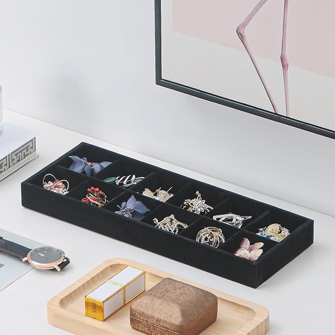 2Pcs Desk Drawer Storage Tray, Nightstand Organizer Tray, Necklace Bracelet Ring Earring Jewelry Display Tray, Grid Table Organizer Holder Tray for Sunglass, Phone, Watch, Perfume (12 grid)/Black