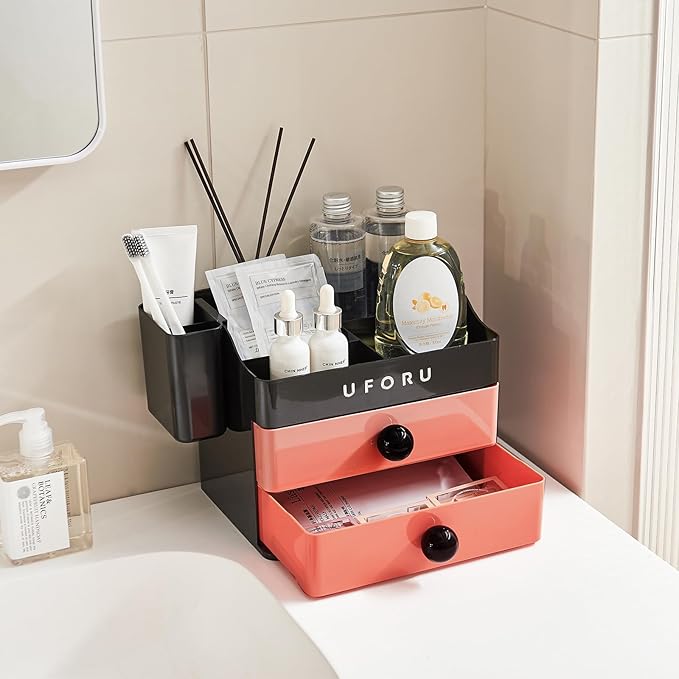 Makeup Organizer for Vanity with Brush Holder, Countertop Skincare Organizer with 2 Drawers, Spacious Cosmetic Display Case for Perfumes, Eyeshadow Palettes, Nail Polishes