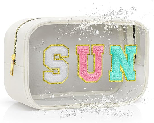 Clear Waterproof Makeup Bag, Cute Sunscreen Bag Pouch with Letter Patches, Travel Beach Pool Bag,Personalized Travel Toiletry Cosmetic Bags Gifts For Girl Women Mom Teacher Nurse (White-SUN)
