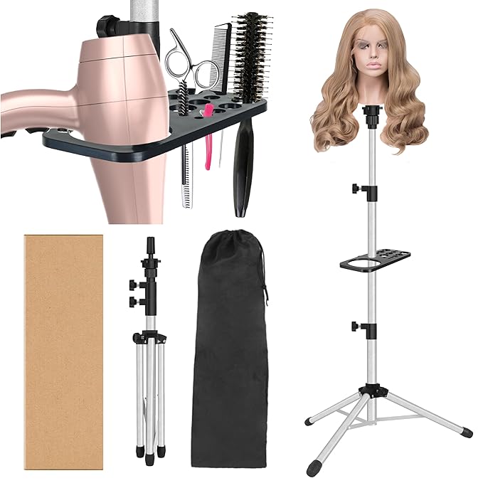 Wig Stand Tripod 50 Inch Metal Wig Mannequin Head Tripod Stand For Hairdressing Training Head Adjustable Wig Tripod Stand with Tool Tray (Silvery, Mannequin Head Not Included)