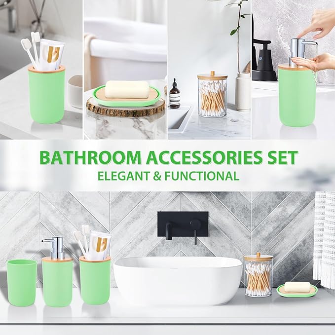 iMucci Bathroom Accessories Set 5Piece Green Bathroom Sets, Toothbrush Holder, Toothbrush Cup, Soap Dispenser, Soap Dish and Qtip Holder Bathroom Decor