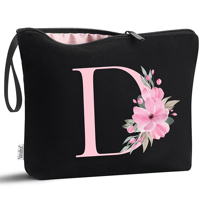 Vavabox A-Z Personalized Makeup Bag, Birthday Gifts for Women Mom, Gifts for Best Friend, Bride Bridesmaid Cosmetic bag (D, Black)