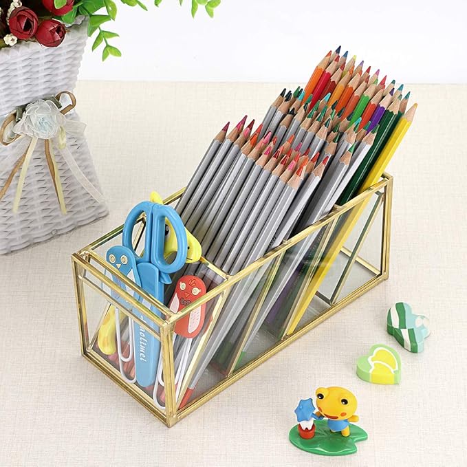 Hipiwe Vintage Gold Metal Desk Organizer - Glass Make up Brushes lipstick Holder Dresser Organizer Pen Pencil Storage Holder for Home Office Supplies (4 Compartment)