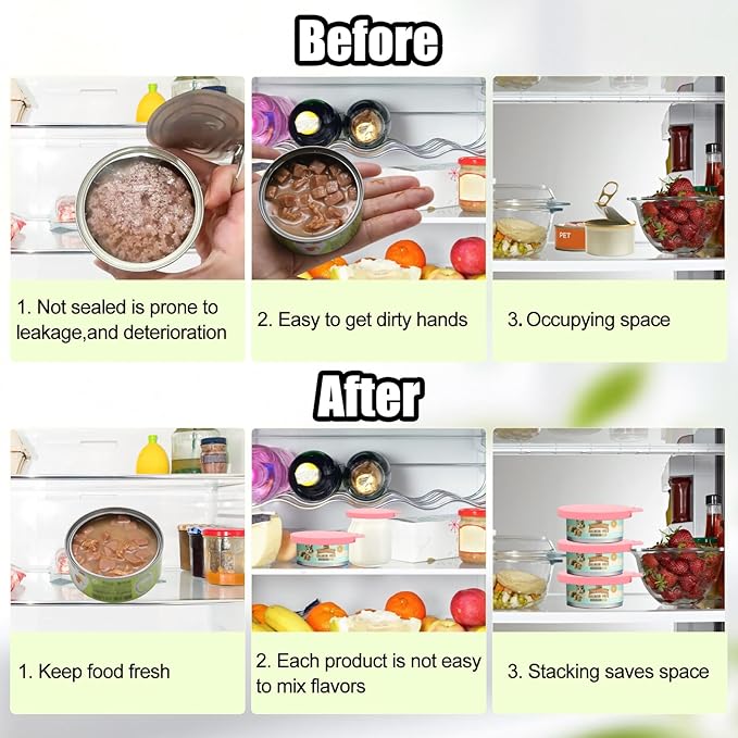 PINE & LINEN 4 Pcs Durable Pet Can Lids,One fit 3 Standard Size Silicone Waterproof Cat Food Cans Lids for 3oz/5.5oz/12.5oz/13.2oz Cat Food Cans（ Pink）