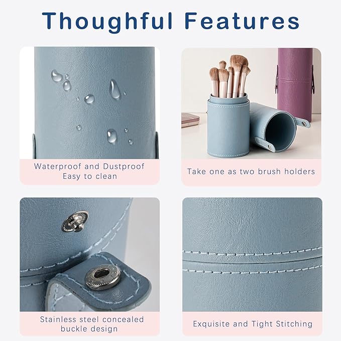 Portable Makeup Brush Holder, Waterproof PU Leather Travel Makeup Brush Case Bag Cup, Brush Storage Dustproof Bag (08Light Blue)