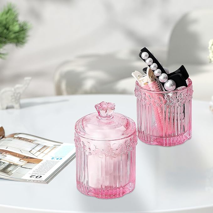 PENCK 2pcs Elegant Glass Qtip Holder Cute Apothecary Jars with Lid Stylish Hair Ties Candy Jar Bathroom Canister Essentials Accessories Decor Makeup Storage Organizer for Cotton Swabs, Balls (Pink)