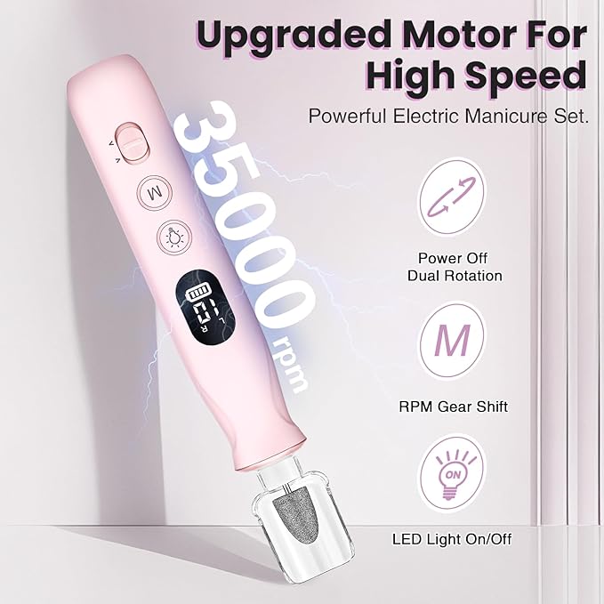 Electric Nail Drill, Cordless 2000 mAh Rechargeable Portable Nail File 12 in 1 Kit for Thick Toenails, 10 Speeds Nail Dril Machine Professional Manicure Pedicure for Hand Natural Nails Care (Pink)