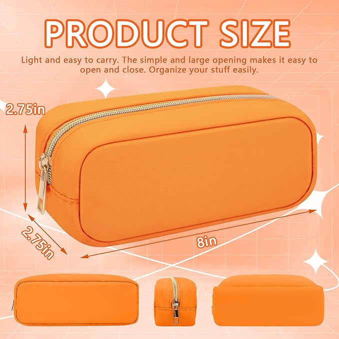 Nylon Slim Cosmetic Zipper Pouch, Preppy Makeup Brush Bag Compact Makeup Pouch, Waterproof Zipper Purse Travel Coin Storage Bag for Women Girls Teens (Orange)