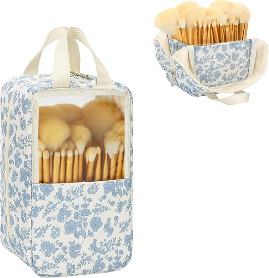 MONSTINA Makeup Brush Bag, Travel Makeup Brush Case Portable Large Makeup Brush Holder Marker Organizer Pro Makeup Artist Bags Sets Clear Cosmetic Bags Blue flowers
