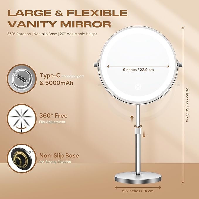 Makeup Mirror with Lights, 1x/20x 360° Rotation Vanity Mirror, Brightness Adjustable Lighted Makeup Mirror with Magnification, 5000 mAh Rechargeable Double Sided Mirror with 3 Colors, Gift for Women