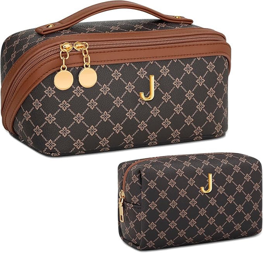 Birthday Gifts for Women Teen Girl, Personalized Initial Makeup Organizer Bag Set, Open Flat Travel Cosmetic Bag With Clear Divider and Handle(Coffee,J)