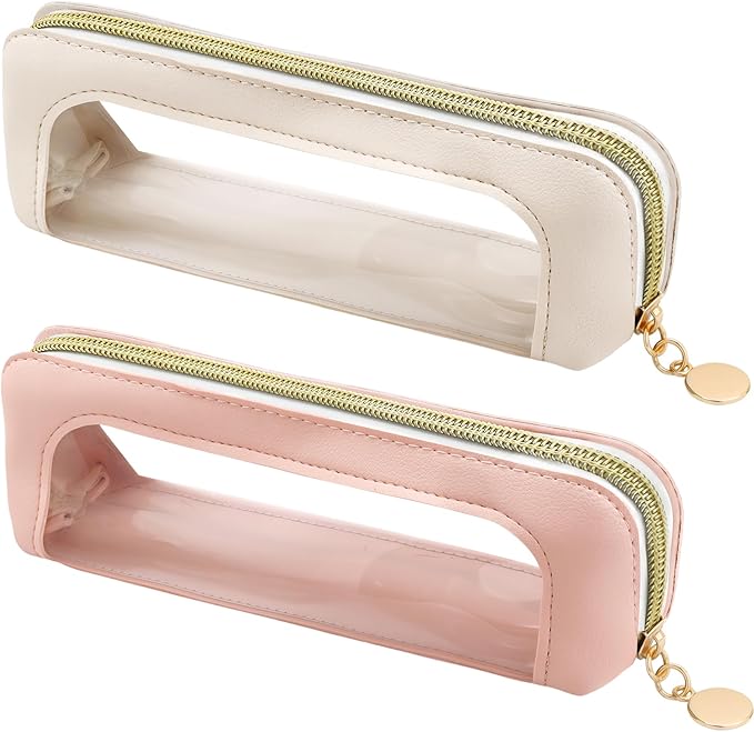 2Pcs Clear Makeup Brush Bag Makeup Bag PU Leather Small Cosmetic Bags Toiletry Bags for Women Portable Waterproof Brush Holder Slim Cosmetic Pouch Travel Pouch with Zipper (Pink&White)