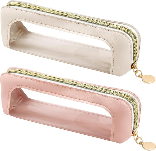 2Pcs Clear Makeup Brush Bag Makeup Bag PU Leather Small Cosmetic Bags Toiletry Bags for Women Portable Waterproof Brush Holder Slim Cosmetic Pouch Travel Pouch with Zipper (Pink&White)