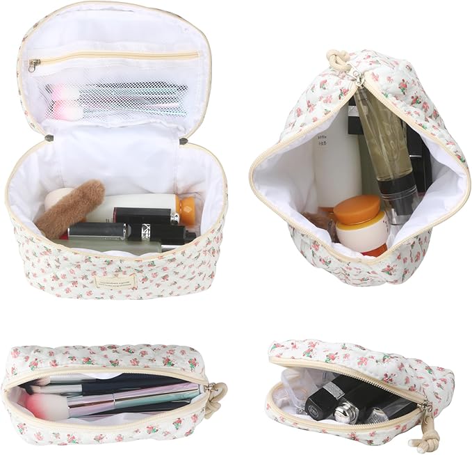 VIWIME Makeup Cosmetic Bag, Large Cotton Quilted Travel Coquette Aesthetic Cute Floral Make up Bag for Women Toiletry Bag Organizer (202- Red Rose / 4Pcs)