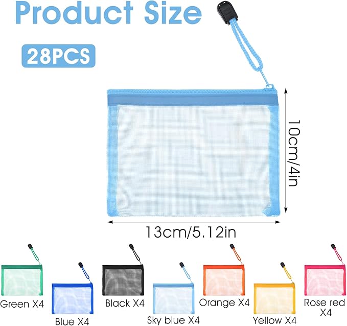 28 Pcs Mini Mesh Zipper Pouch, Visible Small Zipper Pouch, Small Pouches for Purse, Colorful Nylon Makeup Organizer for Travel & Home (5.12 x 4 Inch)