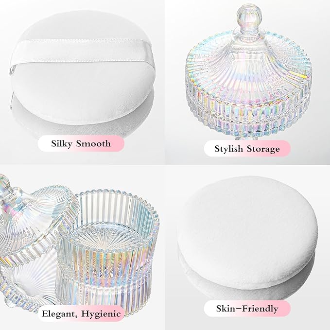 2 Piece Dusting Powder Container with Puff - Large Body Powder Puff and Container, Crystal Glass Powder Container with Puff Soft Velour Washable Reusable Face & Body Use (Dazzling)