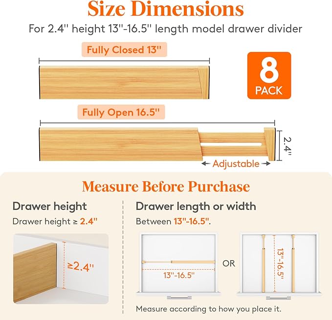 Lifewit 8 Pack Bamboo Drawer Dividers 2.4" High, 13-16.5" Kitchen Drawer Organizers, Adjustable Wooden Drawer Dividers for Clothes, Expandable Drawer Separators for Dresser, Bedroom, Bathroom, Cabinet