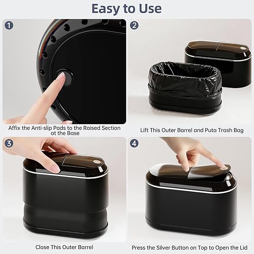 Mini Trash Can for Desk with 5 Rolls of Trash Bags, Small Press-Top Countertop Garbage Bin, Removable Waste Basket for Bedroom, Vanity, Coffee Table, Kitchen (Black Half-Lid)