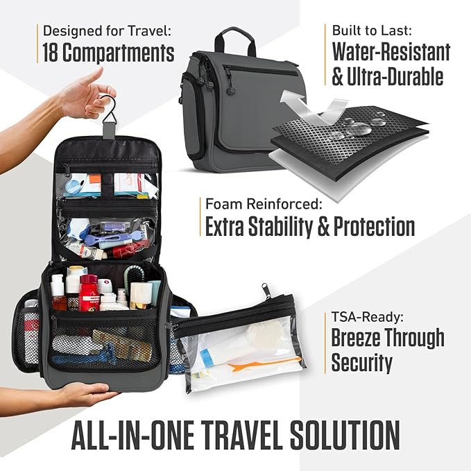 VENTURE 4TH Hanging Travel Toiletry Bag for Women & Men – Large Toiletry Organizer with 18 Compartments, Removable TSA Pouch, Travel Wash Bag for Toiletries, Makeup & Shaving Kit (Gray)