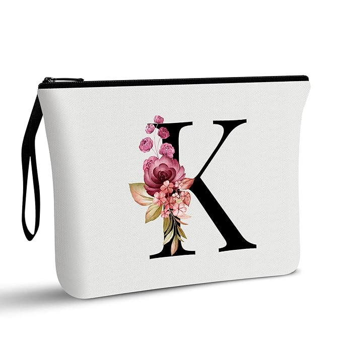 Vavabox A-Z Personalized Makeup Bag, Birthday Gifts for Women Mom, Gifts for Best Friend, Bride Bridesmaid Cosmetic bag (K, White)
