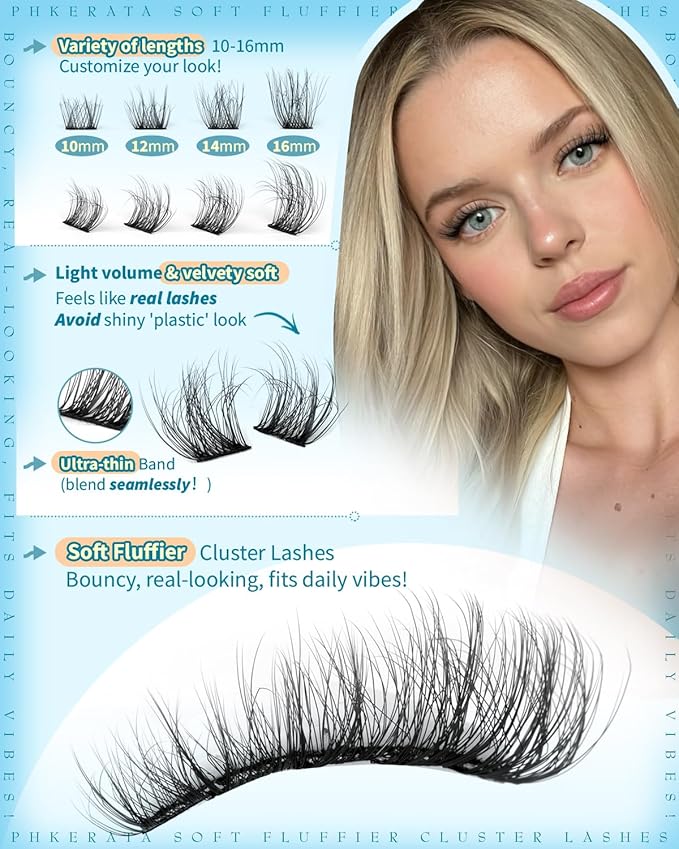 PHKERATA Lash Clusters Kit Natural Eyelash Clusters Wispy Lash Extension Kit 180Pcs Cluster Eyelash Extensions Kit 10-16mm C Curly Individual Lashes Soft with Lash Bond and Seal, Lash Tweezers