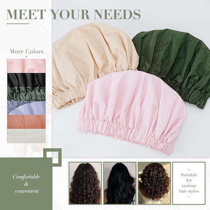 Reusable Shower Cap for Women, Large Waterproof Shower Bonnet with Elastic Band, Washable Bath Hair Cap for Long, Curly Hair, Braids, Daily Shower, Home Spa, Travel(Green&Purple)