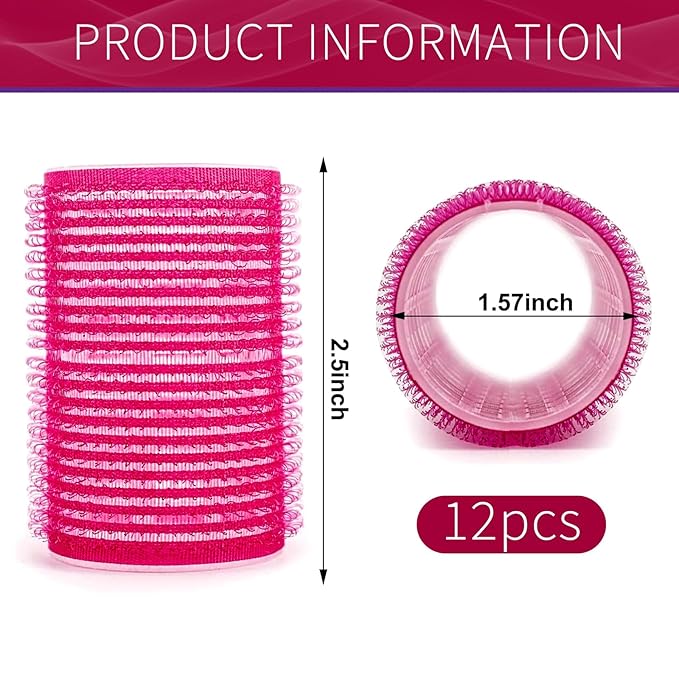 Hair Rollers, 12 Pack Self Grip Salon Hairdressing Curlers, DIY Curly Hairstyle, Large Rollers 1.57In Rose Red