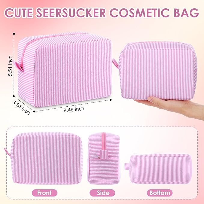 Sanwuta 6 Pcs Seersucker Cosmetic Bag Bulk Pinstripe Makeup Bag for Women Aesthetic Cute Travel Toiletry Organizer Preppy Storage Pouch for Wedding Bridesmaid Christmas Gift (Large,Pink)