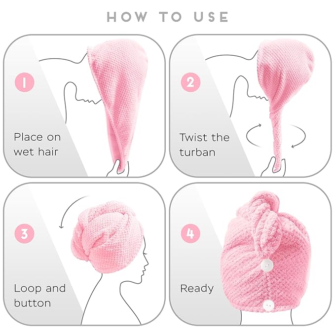 2 Pack Microfiber Hair Towel Wrap for Women, Anti Frizz Quick Drying Hair Turban for All Hair Style, Absorbent and Lightweight (Pink)