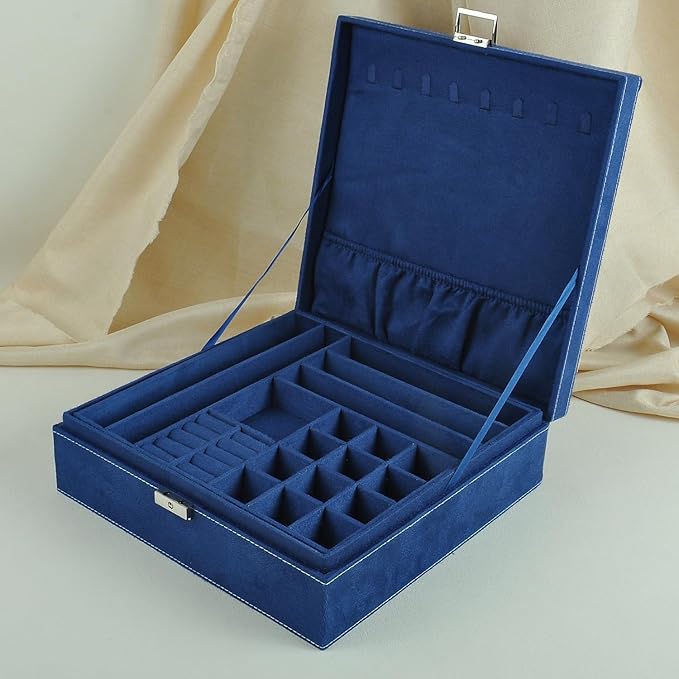 GYJOYERO Jewelry Boxes 10 x 10 Inches 2-layer Handle Necklace Holder Organizer Jewellery Women Rings Storage Display Girls Earrings Case Lockable Jewelry Tray GY641 (Navy)