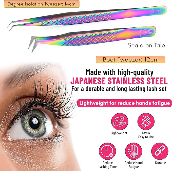 2pcs Fiber Tip Lash Tweezer Set – Fine Axe Tip Volume Boot Tweezer & Isolation Tweezer, Precision Eyelash Extension Tools, Stainless Steel, Non-Slip Grip for Classic, Mega Volume Lashing (Multi)