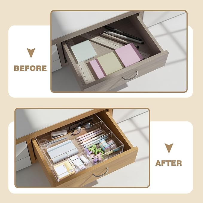 Large Acrylic Desk Deep Drawer Organizer with Adjustable Dividers, Anti-Skip Clear Desk Top Organizer Tray for Pens, Desktop, Office, Bathroom, Kitchen, Makeup Supplies(6 Compartments)