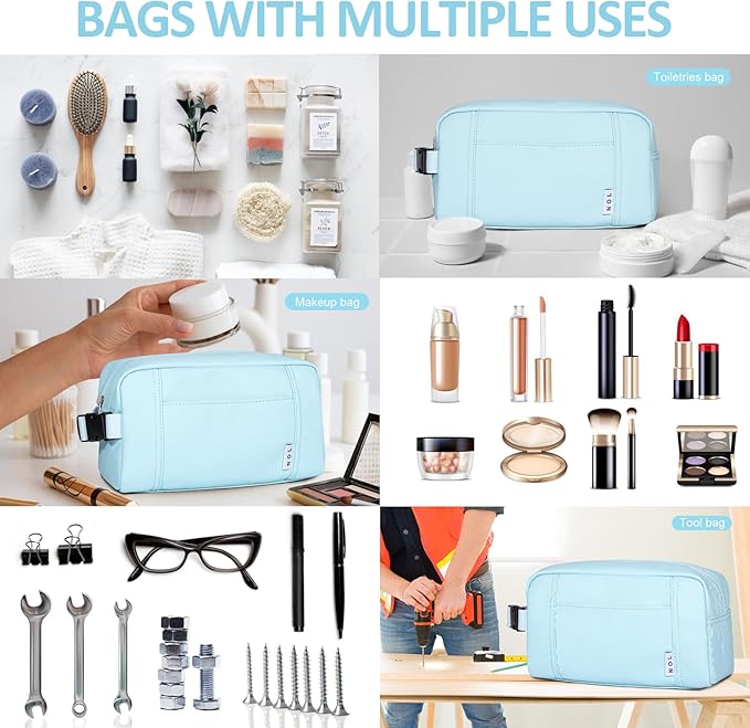 NOL Natural Organic Lifestyle Nylon Waterproof Makeup Bag Lightweight Travel Toiletry Bag for Adults, Reusable, Zip Closure with Buckle Handle, Snack Bag, Travel Cosmetic Bag,Light blue