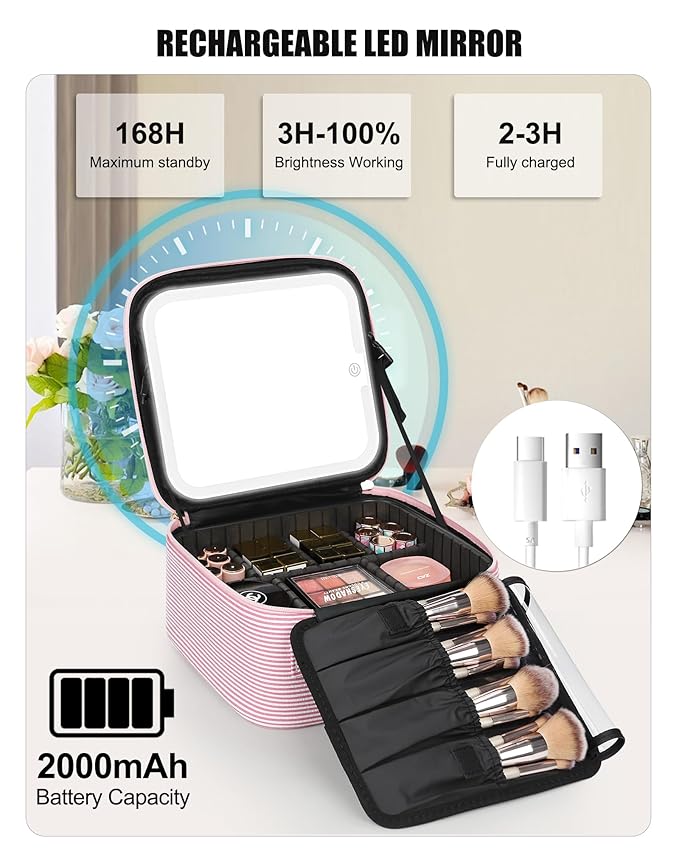 Relavel Travel Makeup Bag With LED Mirror, Portable Cosmetic Bag Organizer with Adjustable Brightness in 3 Color Scenarios, Small Cute Train Case with Detachable Dividers for Trip- Pink Strip