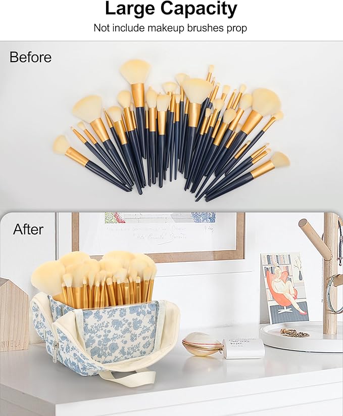 MONSTINA Makeup Brush Bag, Travel Makeup Brush Case Portable Large Makeup Brush Holder Marker Organizer Pro Makeup Artist Bags Sets Clear Cosmetic Bags Blue flowers
