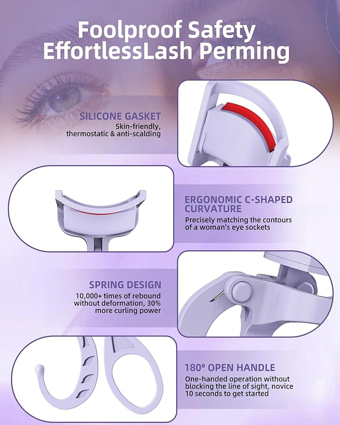 Heated Eyelash Curler, 5s Fast Heating Electric Eyelash Curler, Safe Anti-Burn Eyelash Curlers with Silicone Pad, Type-C Quick Charge, Intelligent Temp Control, 24H Long-Lasting Curls (Purple)