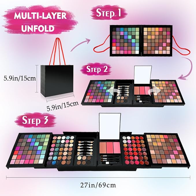 177-Color All-in-One Makeup Palette with 10 Brushes, Portable Case, Eyeshadows, Gel Eyeshadow, Lip Gloss, Concealer, Blush & Brow Powder – Complete Beauty Set for Women & Girls
