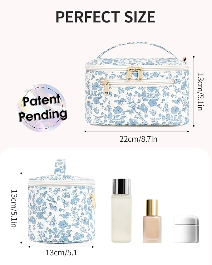 Wandering Nature Makeup Bag, Travel Make Up Organizer Cosmetic Brush Bags Case for Women in Quilted Fabric, Blue Flower, Patent Pending