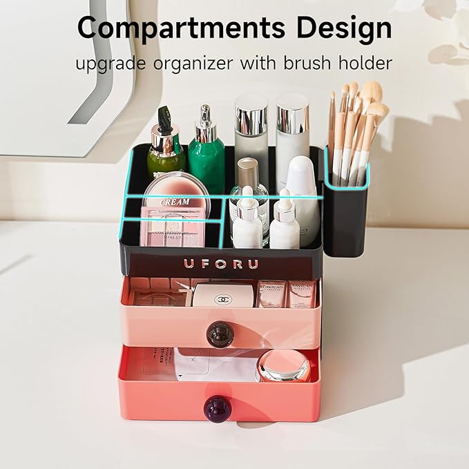 Makeup Organizer for Vanity with Brush Holder, Countertop Skincare Organizer with 2 Drawers, Spacious Cosmetic Display Case for Perfumes, Eyeshadow Palettes, Nail Polishes