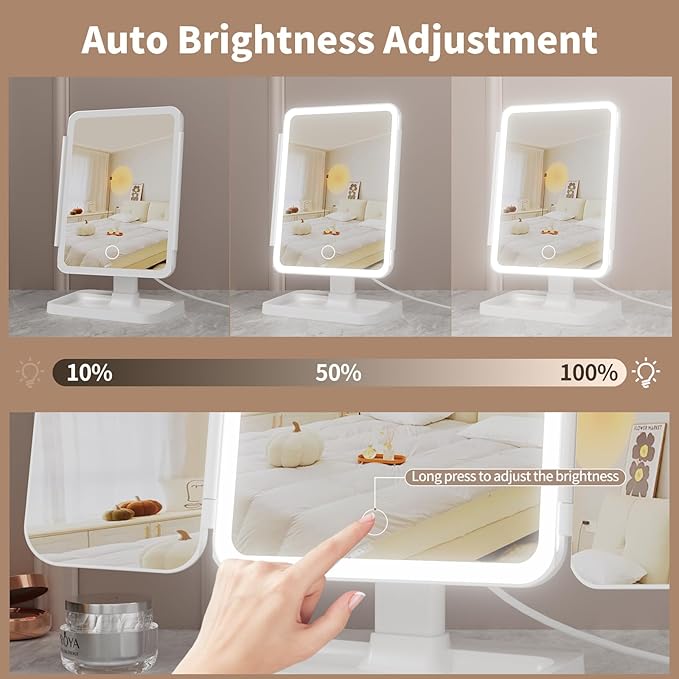 Makeup Mirror with Lights, Rechargeable Lighted Vanity Mirror with 70 Led Lights and 2X 3X 10X Magnification, 3 Color& Adjustable Brightness, Portable Mirror for Travel Desk, Gifts for Women Girls