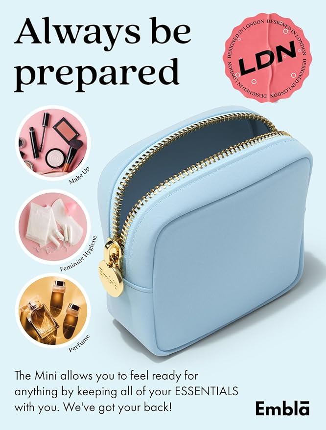 Embla Makeup Bag Travel Cosmetics Pouch and Toiletry Bag, Nylon Zipper Pouch Purse, Cute Make Up Organizer Storage Tote for Women Girls, Waterproof Travel Skincare Case, Small Makeup Bags, Sky Blue