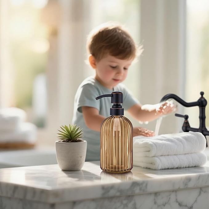 16 OZ Amber Glass Soap Dispenser, Amber Stripe Bathroom Hand Soap Dispensers with Stainless Steel Bronze Pump,Brown Glass Kitchen Hand Soap Dispenser with Oil Rubbed Bronze Pump,2 Packs