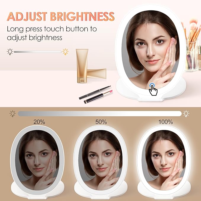 Travel Makeup Mirror with Light: 3 Color Lighting Portable Mirror with Touch Screen Rechargeable Adjustable LED Lights Hexagon Vanity Mirror for Travel, Desk, Home (Round White)