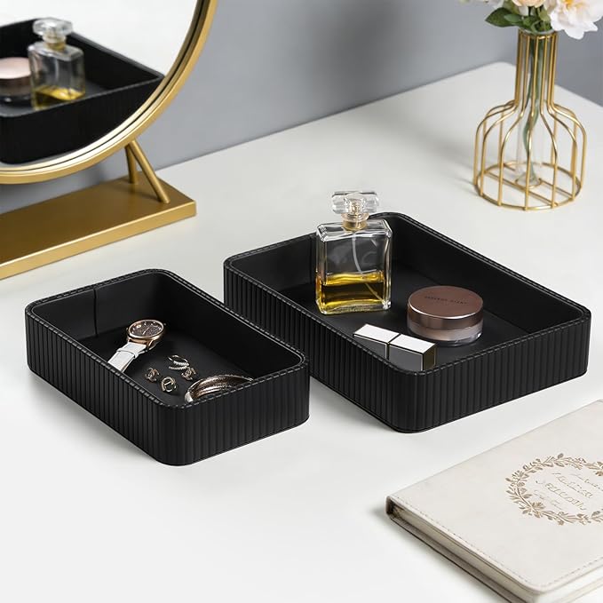 2 Pack Nightstand Organizer Tray, Decorative Perfume Valet Tray Trinket Dish Catch All Purse Key Bowl, PU Leather Coffee Table Trays for Vanity Dresser Bedside Bathroom Countertop (Black)