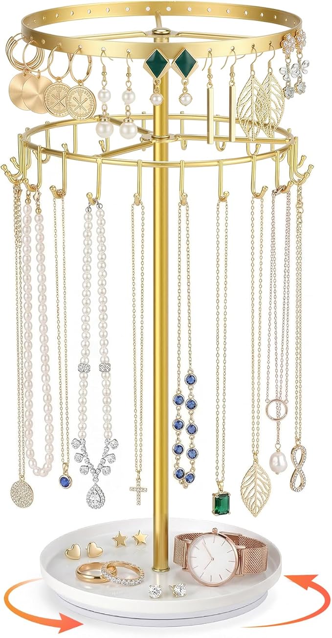 LANDNEOO Necklace Holder Jewelry Organizer, 360° Rotating 3-Tier Jewelry Stand Display, 14.3" Holds 80 Pcs, Earring Holder, Bracelet Ring Holder, Jewelry Organizer and Storage For Women Vanity Dresser
