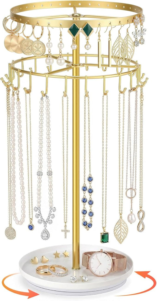 LANDNEOO Necklace Holder Jewelry Organizer, 360° Rotating 3-Tier Jewelry Stand Display, 14.3" Holds 80 Pcs, Earring Holder, Bracelet Ring Holder, Jewelry Organizer and Storage For Women Vanity Dresser