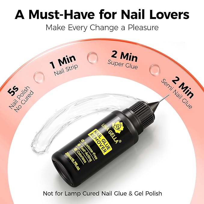 UNA GELLA Nail Glue Remover for Press on Nails，20ml Pinpoint Non-Acetone Gel Nail Glue Remover for Nails Tips，Gentle Nail Polish Remover with Upgraded Stick Easy Removal DIY Manicure Supply