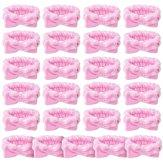 25 Pcs Pink Spa Headband Bulk Set - Soft Coral Fleece Makeup Headbands for Women, Elastic Bow Hair Bands for Washing Face, Skincare & Shower, Adjustable Hair Wraps (Pink with White Dots)